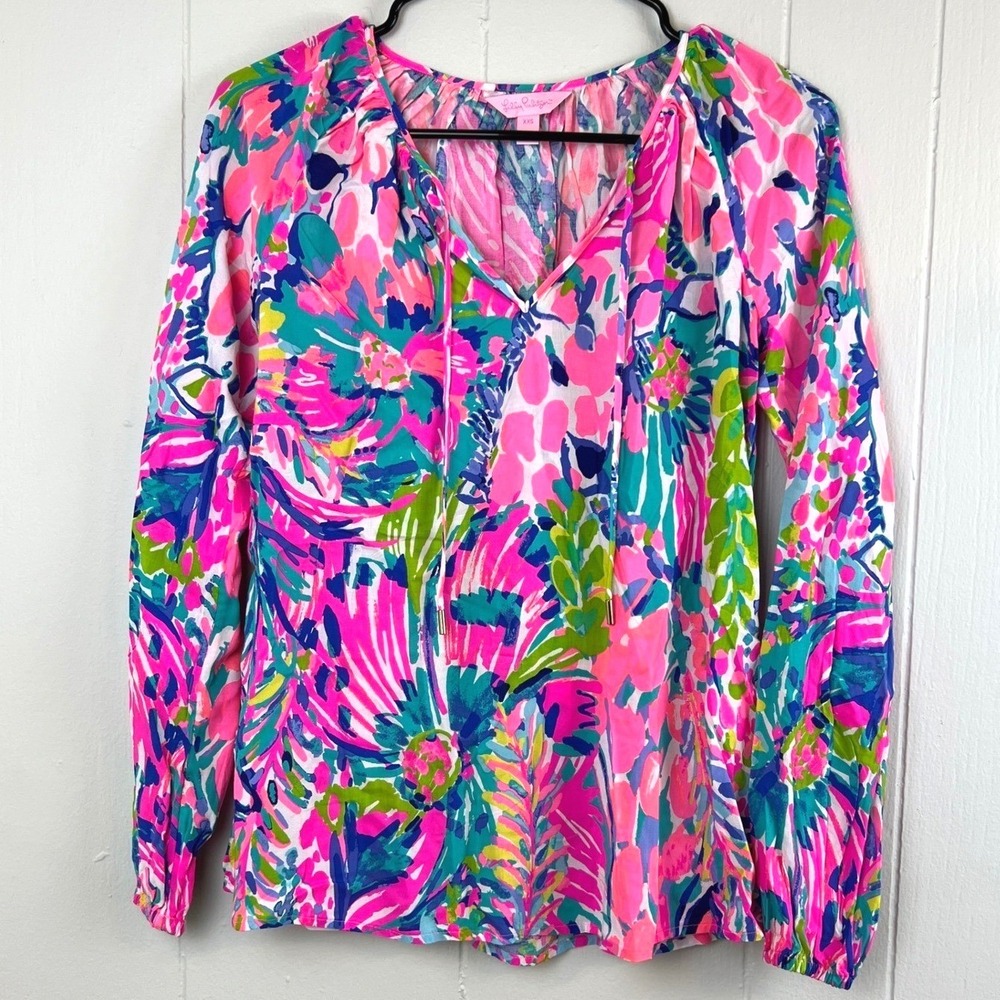 Lilly Pulitzer Elsa‎ Top XXS Pink Floral Rayon Long Sleeve Blouse